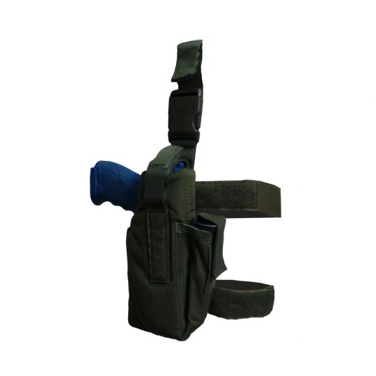 Universal thigh holster with belt adjustment and MOLLE system color green